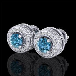 2.09 CTW Fancy Intense Blue Diamond Art Deco Stud Earrings 18K White Gold - REF-218R2K - 38013