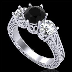 2.01 CTW Fancy Black Diamond Solitaire Art Deco 3 Stone Ring 18K White Gold - REF-241Y8N - 37576