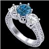 Image 1 : 2.01 CTW Fancy Intense Blue Diamond Art Deco 3 Stone Ring 18K White Gold - REF-343F6M - 37579