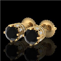 3 CTW Fancy Black Diamond Solitaire Art Deco Stud Earrings 18K Yellow Gold - REF-149X3T - 37361