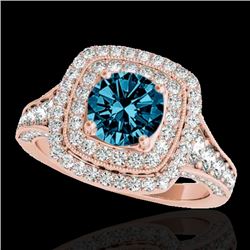 2 CTW SI Certified Blue Diamond Solitaire Halo Ring 10K Rose Gold - REF-209T3X - 33658