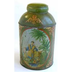 A 19th century green lacquered metal tea canister, with decorated panel of Chinese figures, 18ins...