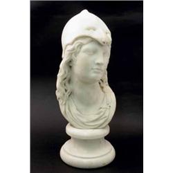 A late 19th century marble bust of a classical lady, with animal skin hat, on waisted socle, 16.5...