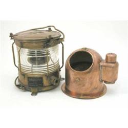 A Japanese nautical brass signal light, 9.5ins and a ship's compass with copper casing with incor...