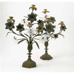 A pair of foliate brass table candelabrum, each with three gilt metal branches, four opaque glass...