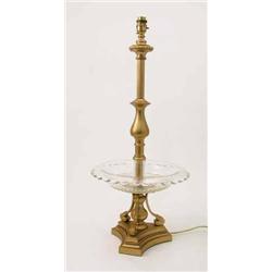 A gilt metal and glass centrepiece lamp, with fluted and knopped stem above a glass scalloped edg...