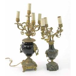 A gilt metal three branch table lamp, on vase shape veined marble support and a five branch gilt...