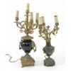 Image 1 : A gilt metal three branch table lamp, on vase shape veined marble support and a five branch gilt...