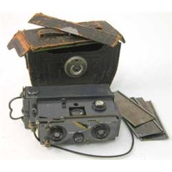 A French Verascope camera, with original case, stamped Brevetes SGDG Paris 42975, 5.5 ins...