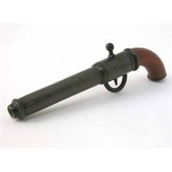 A treen bodkin case in the form of a pistol, with painted finish, 9ins...