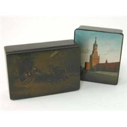 A late 19th century Imperial Russian lacquer box, possibly Vishniakov, painted with an adult and...