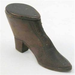 A 19th century treen model of a ladies shoe, with swivel lid enclosing a shallow compartment, 5 i...