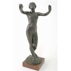 A Munich bronze nude statuette, on red marble plinth, indistinctly signed and dated 1898, 12.5 in...