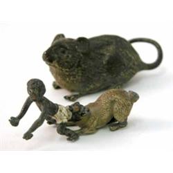 A late 19th century Viennese cold painted bronze rat, with impressed marks and a painted alloy fi...