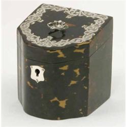 An Edwardian tortoiseshell and silver mounted tea caddy, in the form of a knife box with silver l...