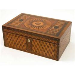 A mid-19th century parquetry box, predominantly in walnut, sycamore and rosewood, the lid decorat...