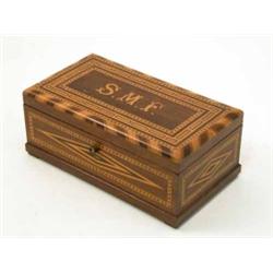 A Continental rosewood and fruitwood parquetry jewellery casket, the lid inset with the initials...