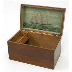 A Victorian mahogany box, with a painted view of a tall ship at sea on the interior of the lid, i...