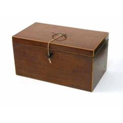 A George III mahogany and boxwood bound tea caddy, the hinged lid enclosing two lidded compartmen...