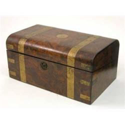 A Victorian brass bound burr walnut trunk shape writing slope, 15.5 ins...