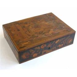A 19th century Italian marquetry casket, decorated with hounds and ruins in a landscape, with bir...