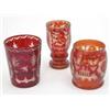 Image 1 : Three Bohemian ruby flash glass vases, decorated with etched scenes of landscape, deer and scroll...