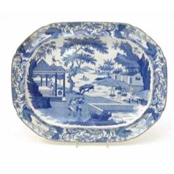 An early 19th century blue and white 'Chinese Traders' pattern meat plate, decorated with figures...