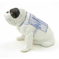 A porcelain bulldog advertising Guinness, with a Bulldog Brand collar and wearing a blanket adver...