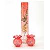 Image 1 : A large Victorian ruby glass cylindrical vase, decorated with painted birds and a pair of round r...