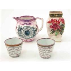 A Sunderland pink lustreware jug, transfer printed in black with a Mariners compass and inscripti...