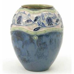 A Royal Doulton glazed stoneware vase, ovoid with a band of flowers above a mottled blue ground,...