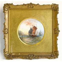 A Royal Worcester circular plaque, painted by R.Rushton, sailing boats on choppy waters, signed,...