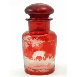 A late 19th century Bohemian glass pickle jar, and cover, ruby overlaid and continuously engraved...