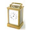 Image 1 : A brass carriage timepiece, with enamelled dial and simple lever escapement, 6.75ins...
