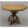 Image 1 : An Arts & Crafts oak centre table, with octagonal parquetry top on Pugin style gothic 'X' framed...