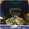Image 1 : LOT302: Hockey Combo: 1974 Vancouver Canuks Jersey, Vintage Skates, Collector Wrappers & Hockey Card