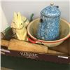 Image 1 : LOT334: Tray Lot: Labware Measure, Enamel Items, Wabasso Coin Bak, Wooden Rolling Pin