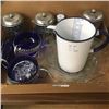 Image 1 : LOT346: Tray Lot: Blue/White Enamelware Measure Pitcher, Cobalt Blue Canisters, Coin Bank, etc