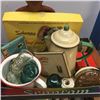 Image 1 : LOT367: Tray Lot: Water Bottle, Atomizer, Tin Cig Boxes, Enamel Coffee Pot, etc