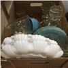 Image 1 : LOT370: Box Lot: Clear Glass Serving Dishes, Decanter, Blue Milk Glass Plates, Egg Plates, etc