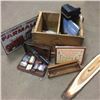 Image 1 : LOT440: Wooden Calgary Beverages Crate w/Books, Crib Board, Polaroid Camera, Tin Sign, etc