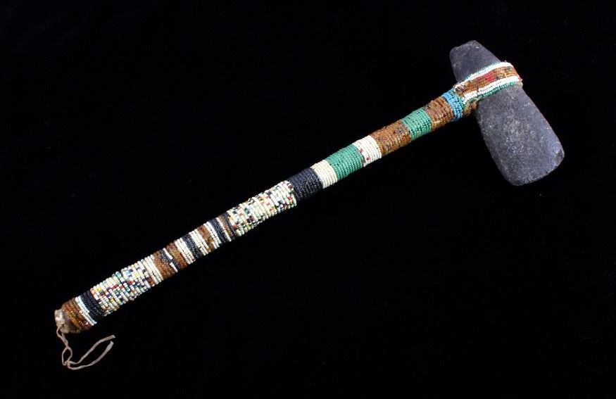 Crow Indian Crazy Beaded Stone Axe War Club