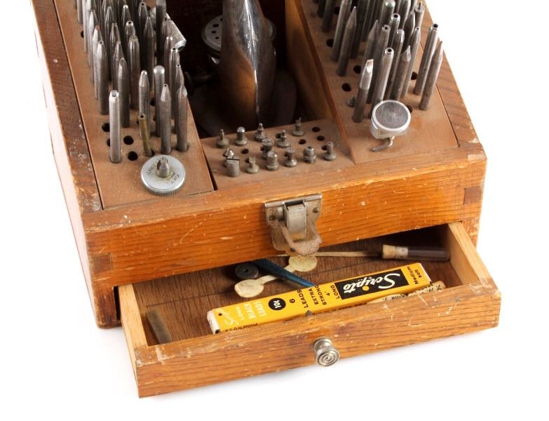 Antique Watchmaker Staking Tool Set w/ Oak Case