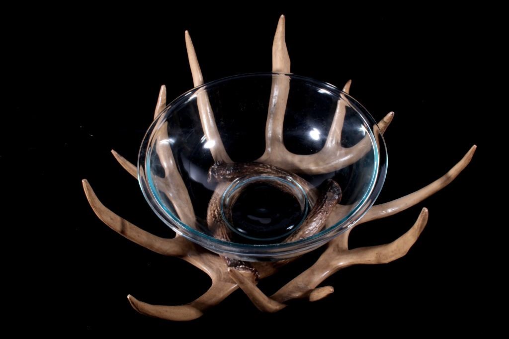 Rustic Pair Of Antler & Glass Bowls