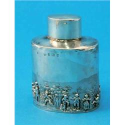 An Edwardian silver oval tea canister and cover, decorated with an encircling band of figures and...