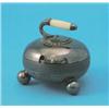 Image 1 : A novelty plated preserve pot and cover, modelled as a curling stone with ivory handle and ball f...