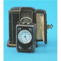 A Swiss silver and enamel miniature carriage timepiece, decorated with white roses on black groun...