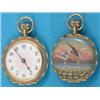 Image 1 : An Edwardian 12ct gold keyless fob watch, with Arabic dial, enamelled with doves over a lake...
