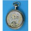 Image 1 : A Swiss nickel keyless 8-day pocket watch with silvered Roman dial and visible escapement....