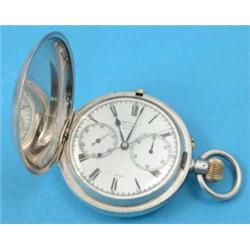 A Swiss silver keyless hunter chronograph with plain case and enamelled Roman dial with centre se...